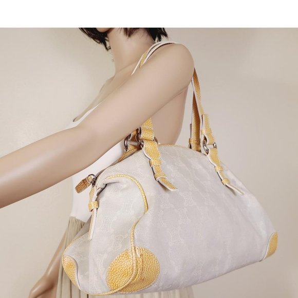 CELINE Handbag Gray White Yellow Canvas Tote